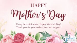 Soft pink Mother's Day card with a floral border; text reads 'HAPPY Mother's Day' and a heartfelt message, logo in bottom-right corner.