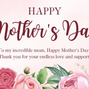 Soft pink Mother's Day card with a floral border; text reads 'HAPPY Mother's Day' and a heartfelt message, logo in bottom-right corner.