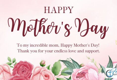 Soft pink Mother's Day card with a floral border; text reads 'HAPPY Mother's Day' and a heartfelt message, logo in bottom-right corner.
