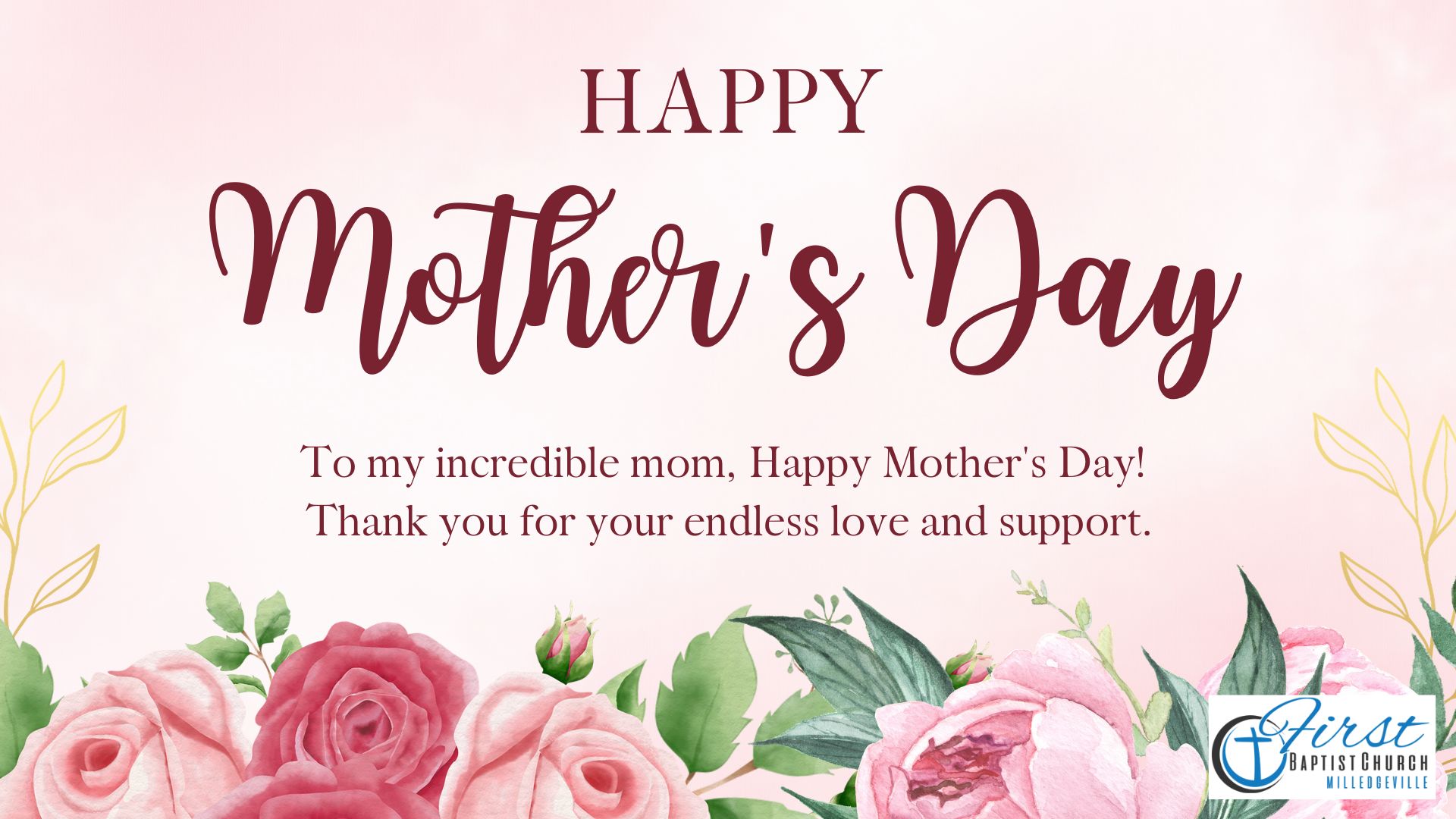 Soft pink Mother's Day card with a floral border; text reads 'HAPPY Mother's Day' and a heartfelt message, logo in bottom-right corner.
