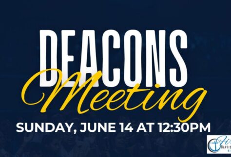 Deacons Meeting - FBC Milledgeville Event flyer: 'Beacons Meeting' with date 'Sunday, June 14 at 12:30 PM' and the First Baptist Church Milledgeville logo in the corner.