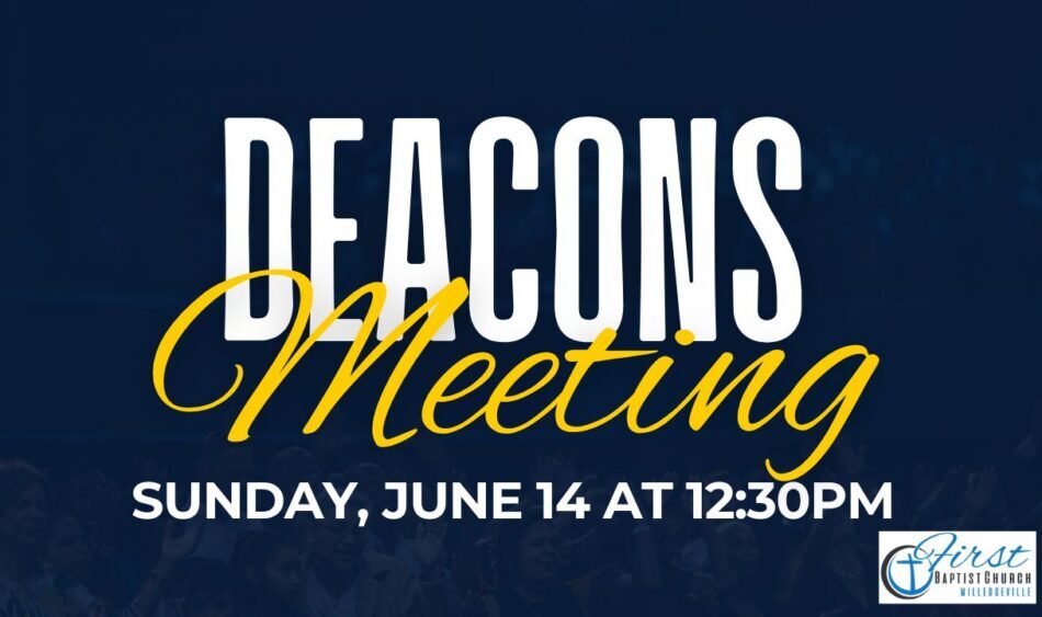 Event flyer: 'Beacons Meeting' with date 'Sunday, June 14 at 12:30 PM' and the First Baptist Church Milledgeville logo in the corner.
