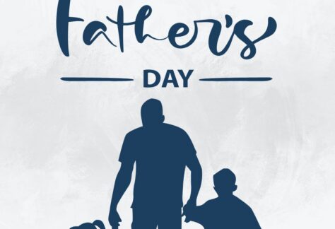 Happy Fathers Day 2024 - FBC Milledgeville Silhouette of a father holding hands with two children beneath the words 'Happy Father's Day' in a blue design.